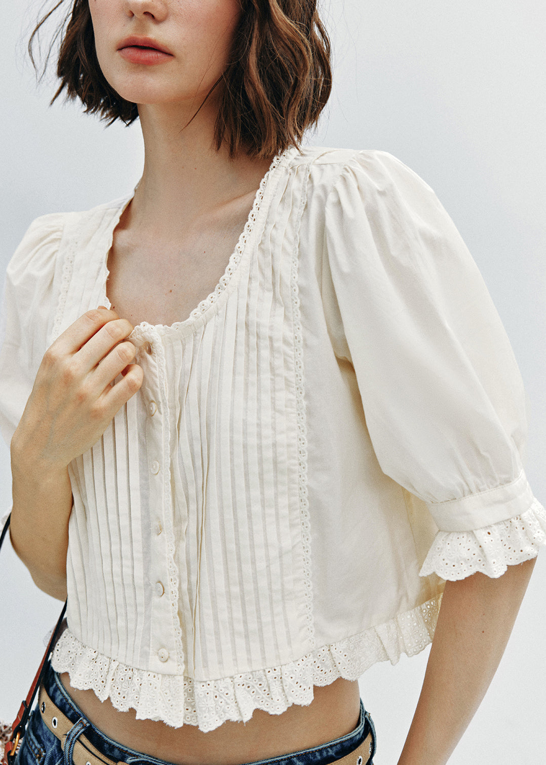 Women White Wrinkled Lace Patchwork Cotton Top Summer