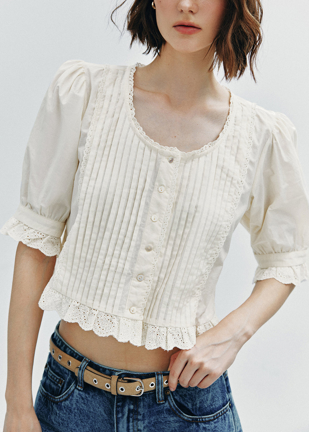 Women White Wrinkled Lace Patchwork Cotton Top Summer