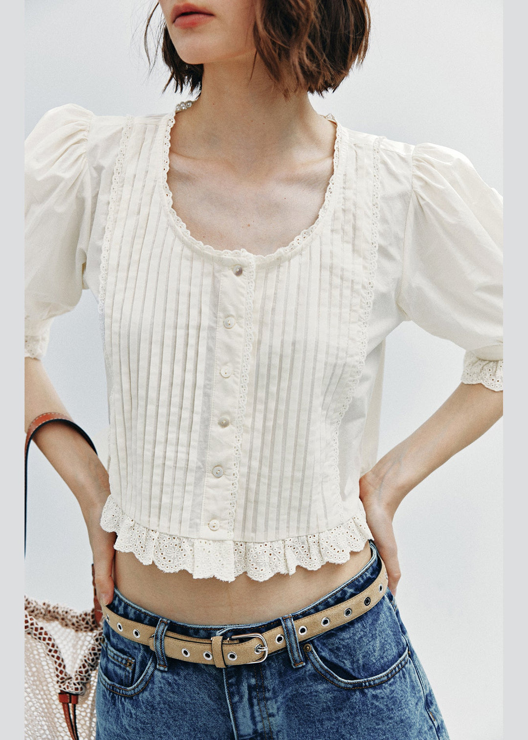 Women White Wrinkled Lace Patchwork Cotton Top Summer