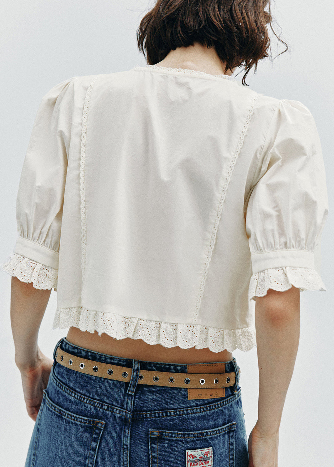 Women White Wrinkled Lace Patchwork Cotton Top Summer