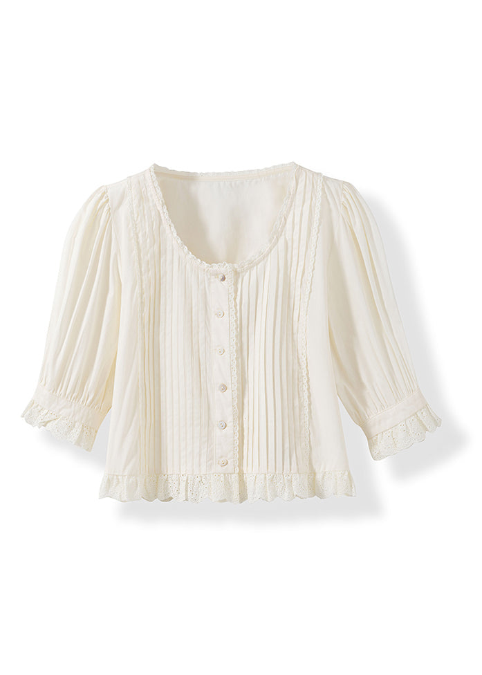 Women White Wrinkled Lace Patchwork Cotton Top Summer