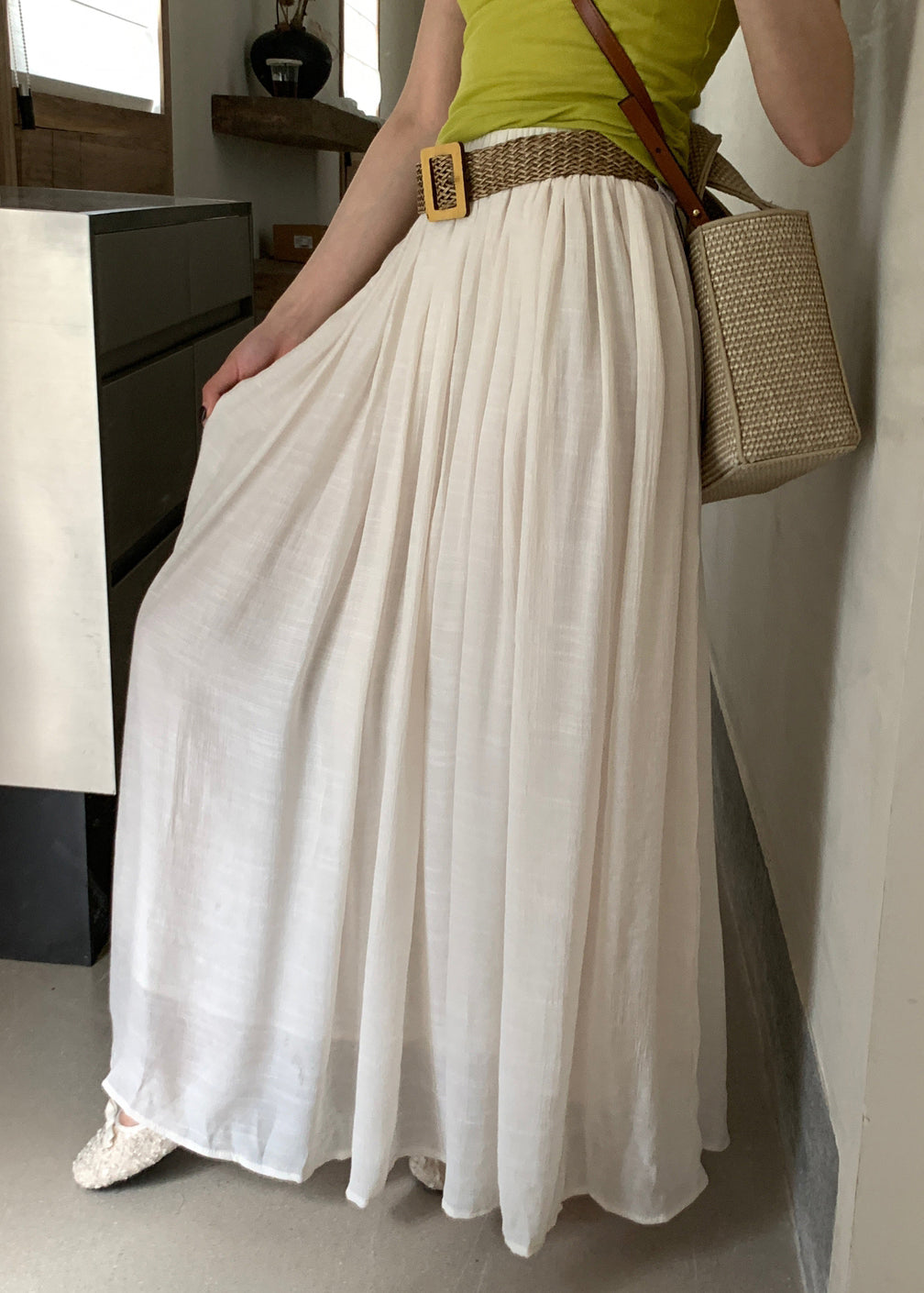 Women White Wrinkled Solid Elastic Waist Cotton Skirts Summer