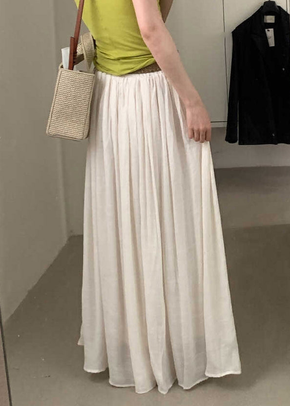 Women White Wrinkled Solid Elastic Waist Cotton Skirts Summer
