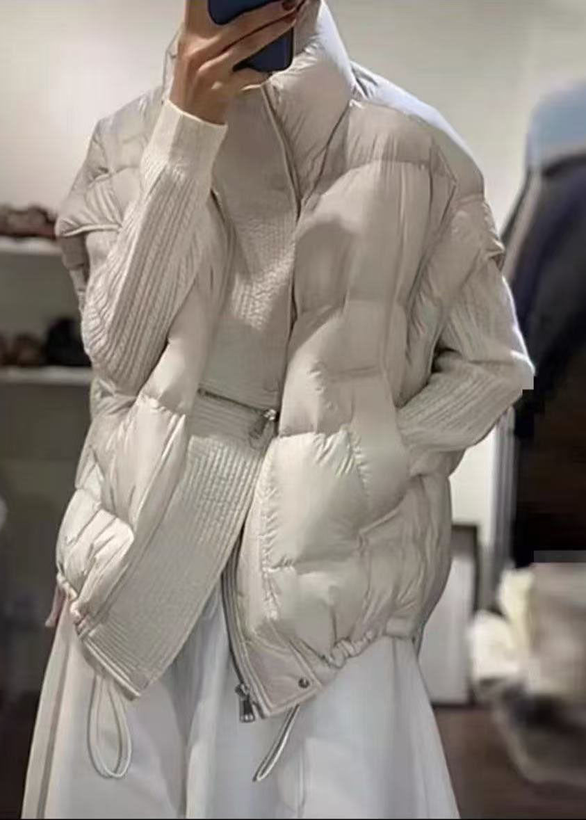 Women White Zip Up Drawstring Fine Cotton Filled Vests Winter