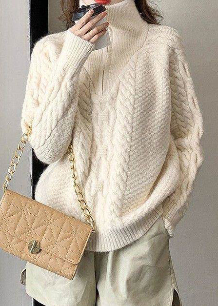 Women White Zip Up Warm Cable Knitted Tops Winter