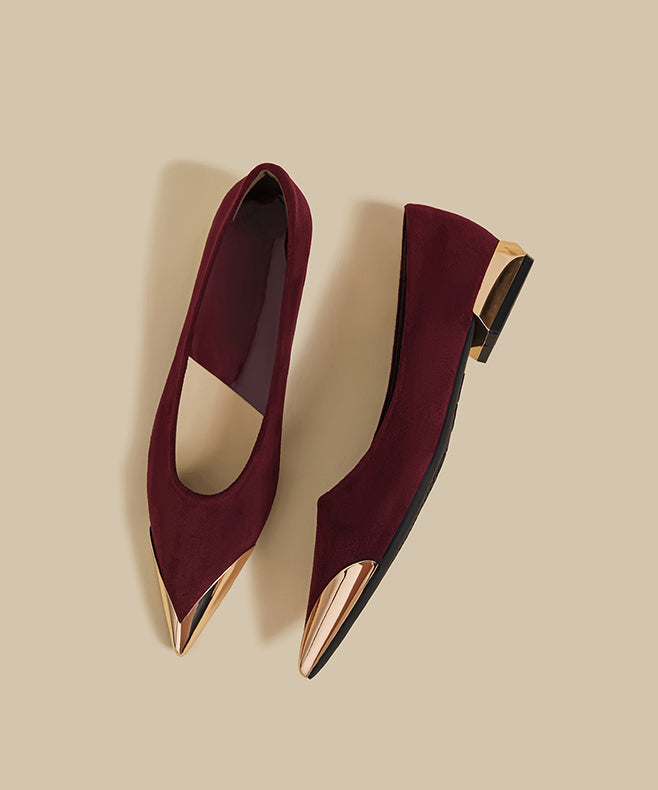 Women Wine Red Suede Splicing Flat Shoes Pointed Toe