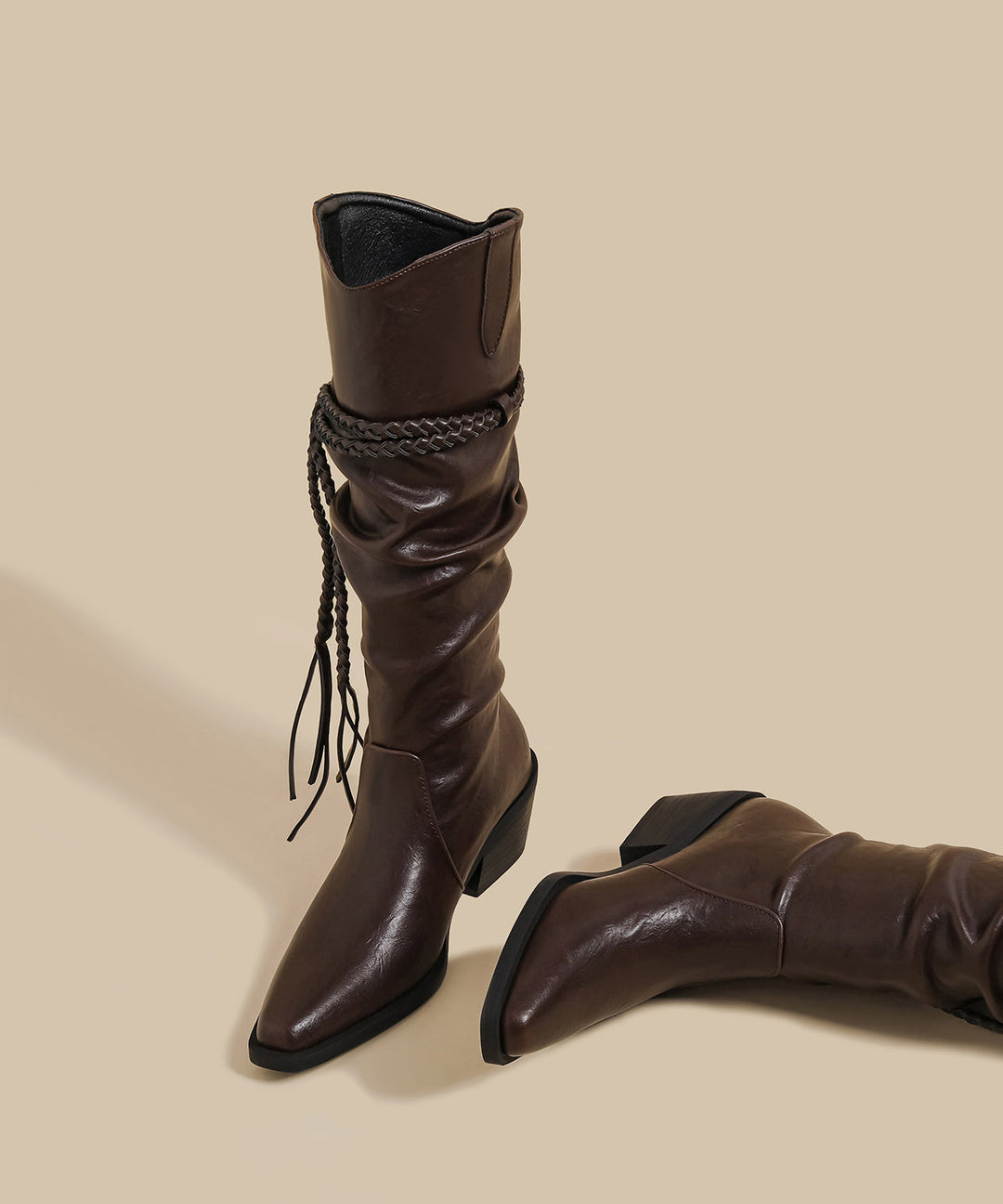 Women Wrinkled Tassel Splicing Chunky Boots Brown Faux Leather