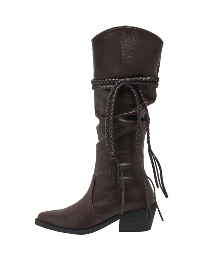 Women Wrinkled Tassel Splicing Chunky Boots Brown Faux Leather