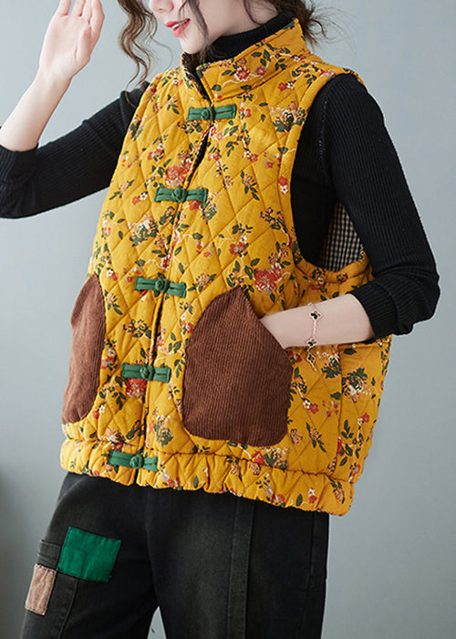 Women Yellow Chinese Button Print Pockets Cotton Filled Waistcoat Spring