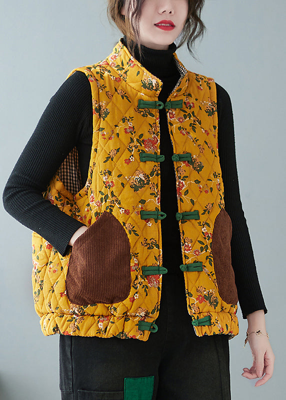 Women Yellow Chinese Button Print Pockets Cotton Filled Waistcoat Spring