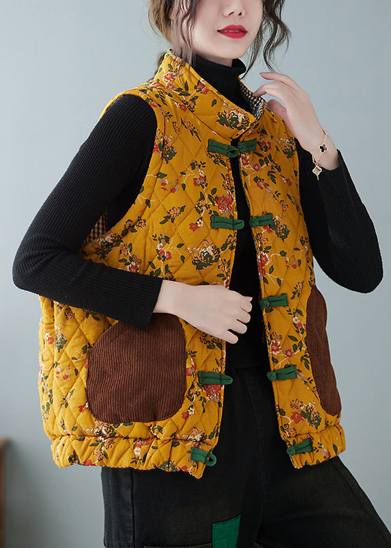 Women Yellow Chinese Button Print Pockets Cotton Filled Waistcoat Spring