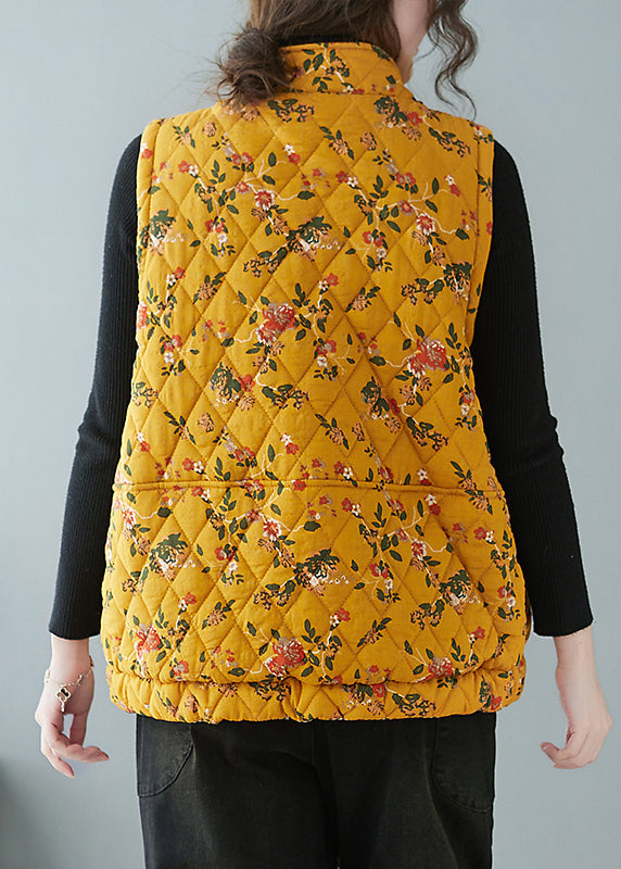 Women Yellow Chinese Button Print Pockets Cotton Filled Waistcoat Spring