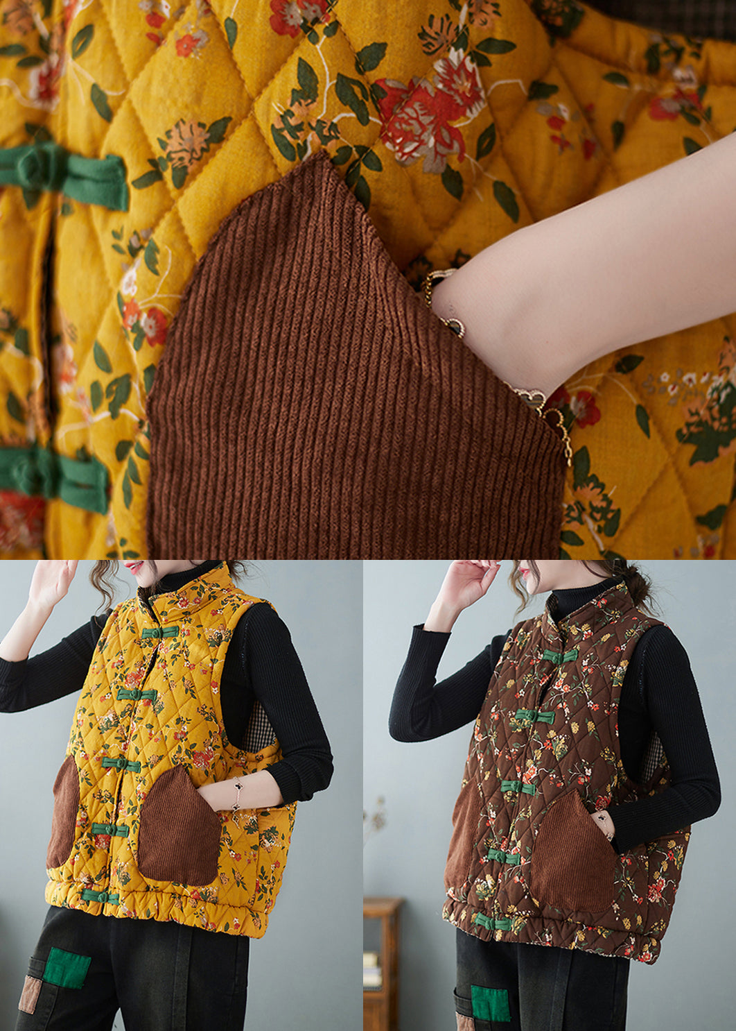Women Yellow Chinese Button Print Pockets Cotton Filled Waistcoat Spring