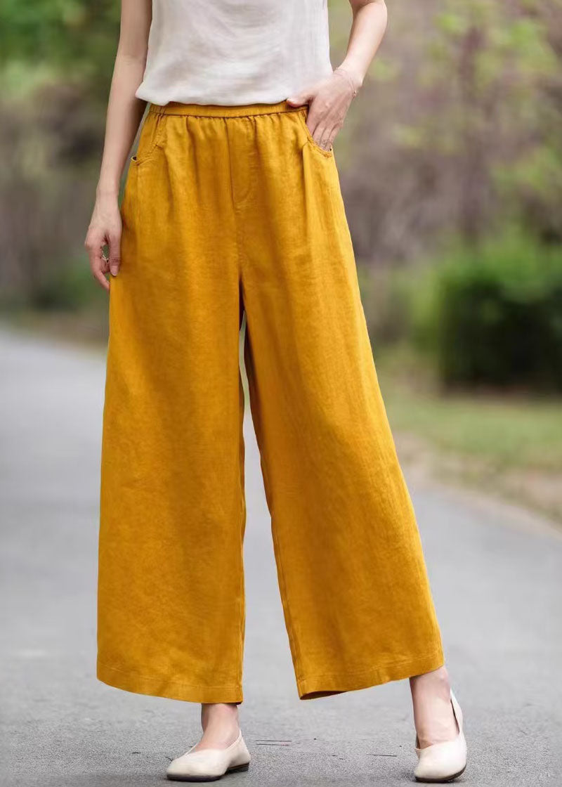 Women Yellow Elastic Waist Pockets Linen Pants Summer