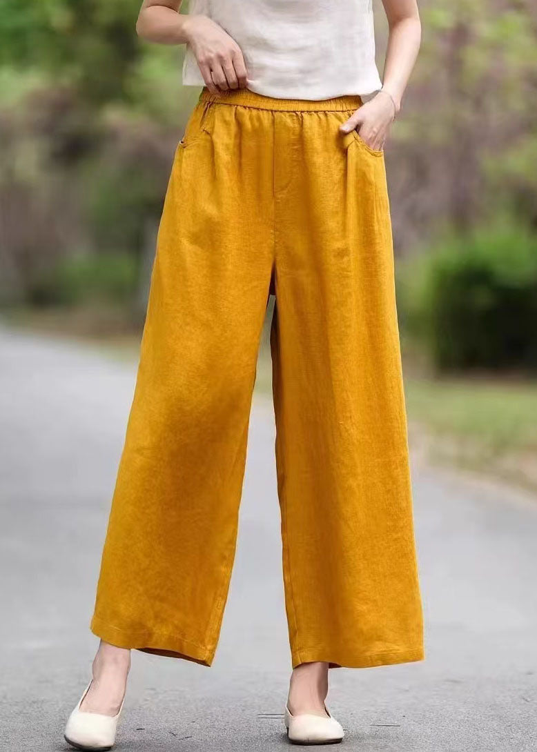 Women Yellow Elastic Waist Pockets Linen Pants Summer