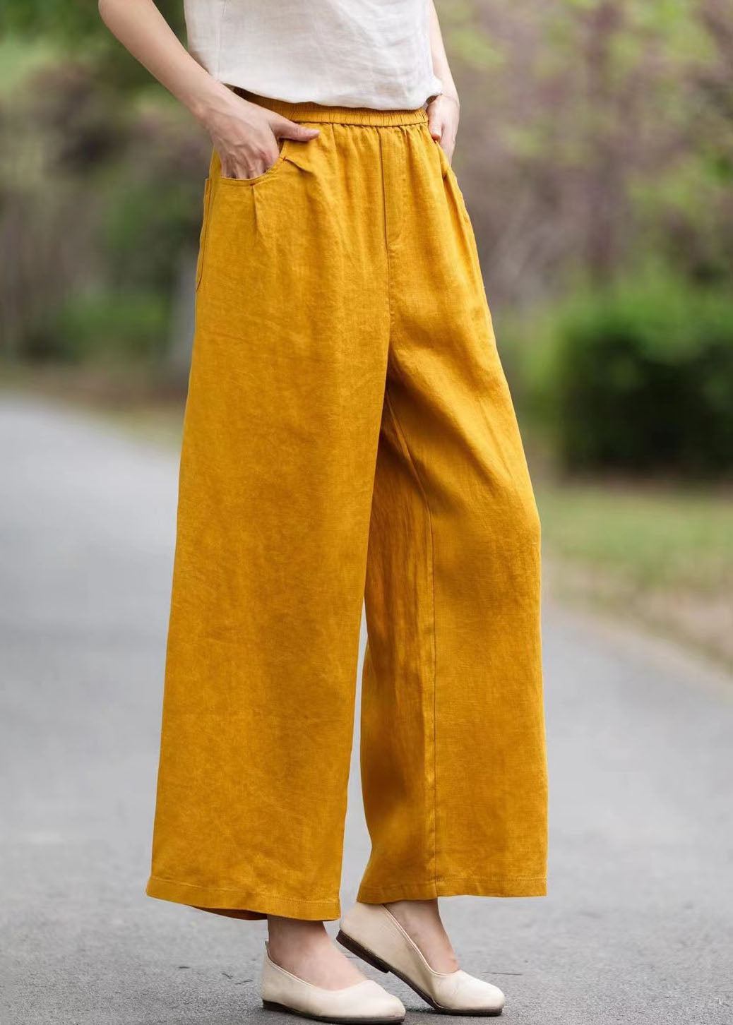 Women Yellow Elastic Waist Pockets Linen Pants Summer