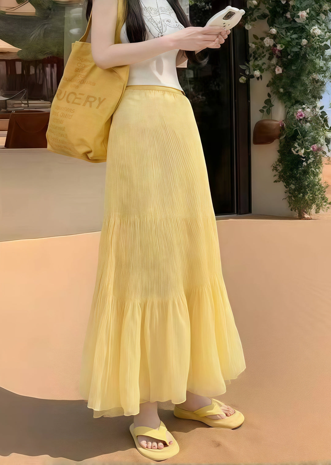 Women Yellow Elastic Waist Wrinkled Holiday Skirt Summer