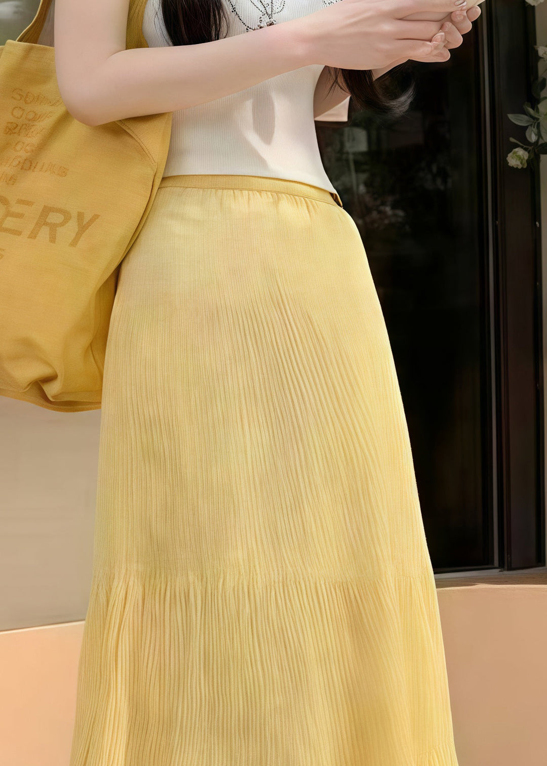 Women Yellow Elastic Waist Wrinkled Holiday Skirt Summer