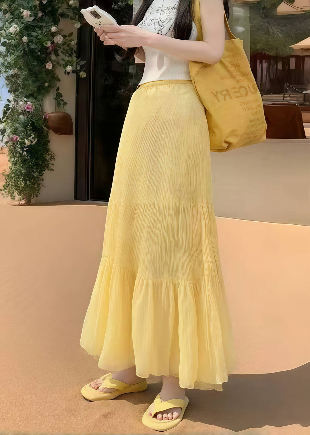 Women Yellow Elastic Waist Wrinkled Holiday Skirt Summer