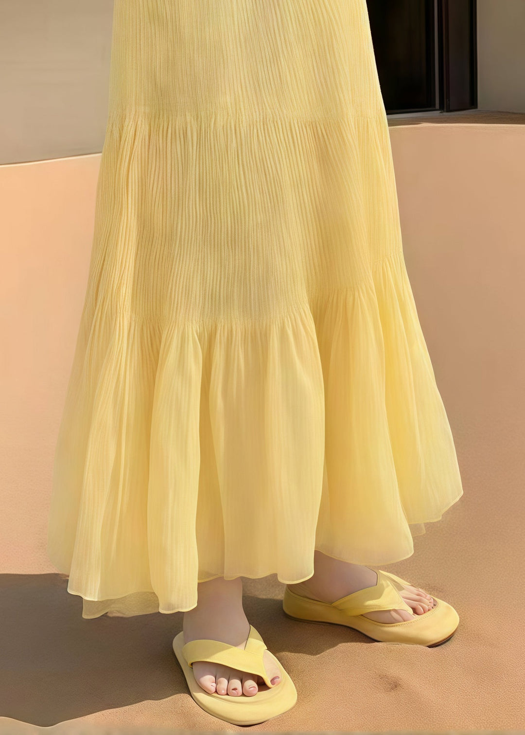Women Yellow Elastic Waist Wrinkled Holiday Skirt Summer