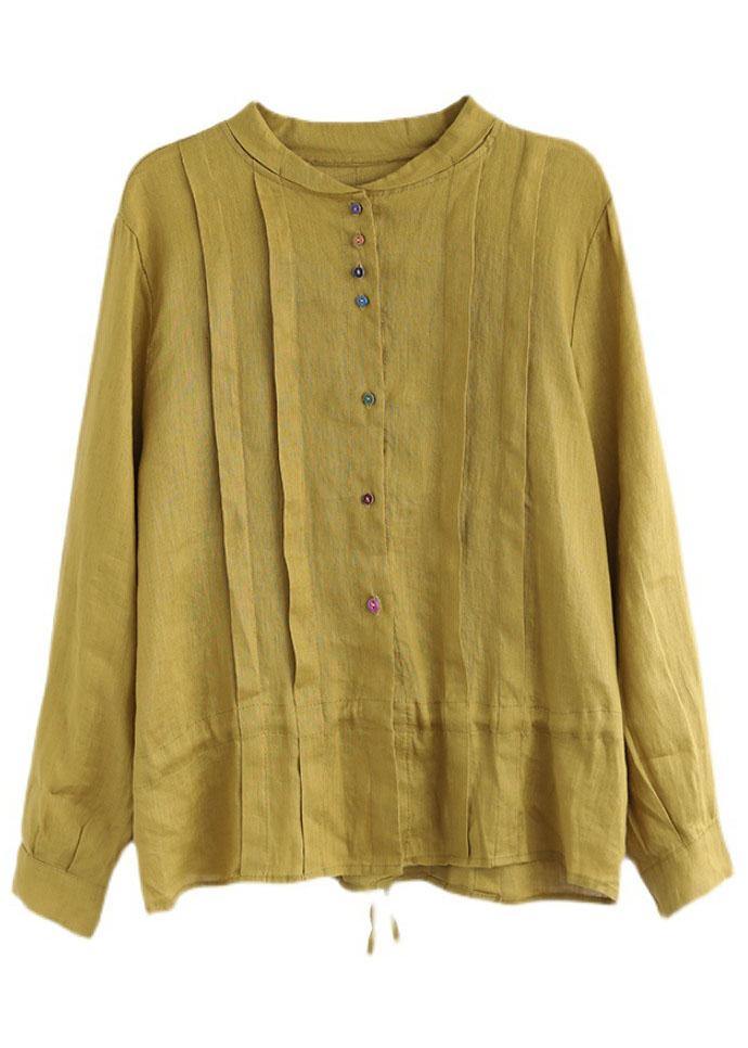 Women White Flower Elegant Button Linen Top Long Sleeve