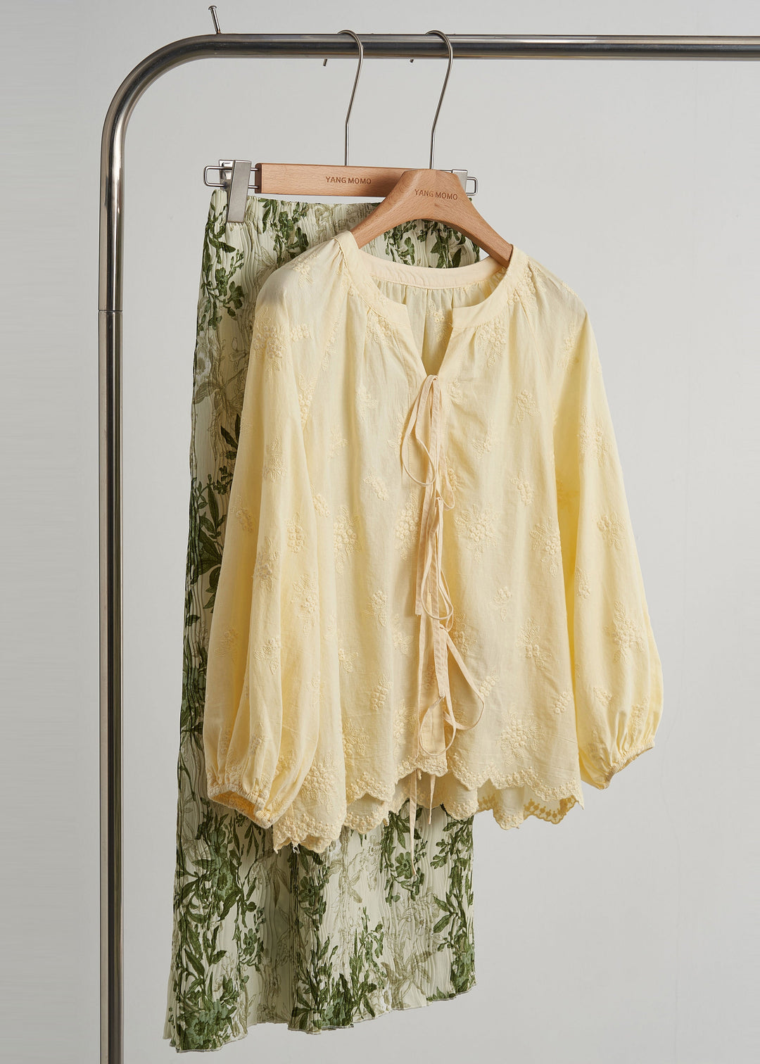 Women Yellow Embroidered Lace Up Cotton Shirt Top Fall