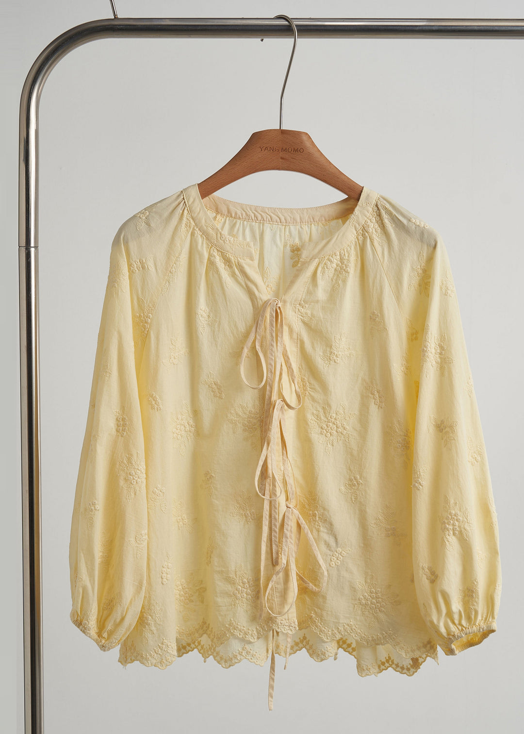 Women Yellow Embroidered Lace Up Cotton Shirt Top Fall