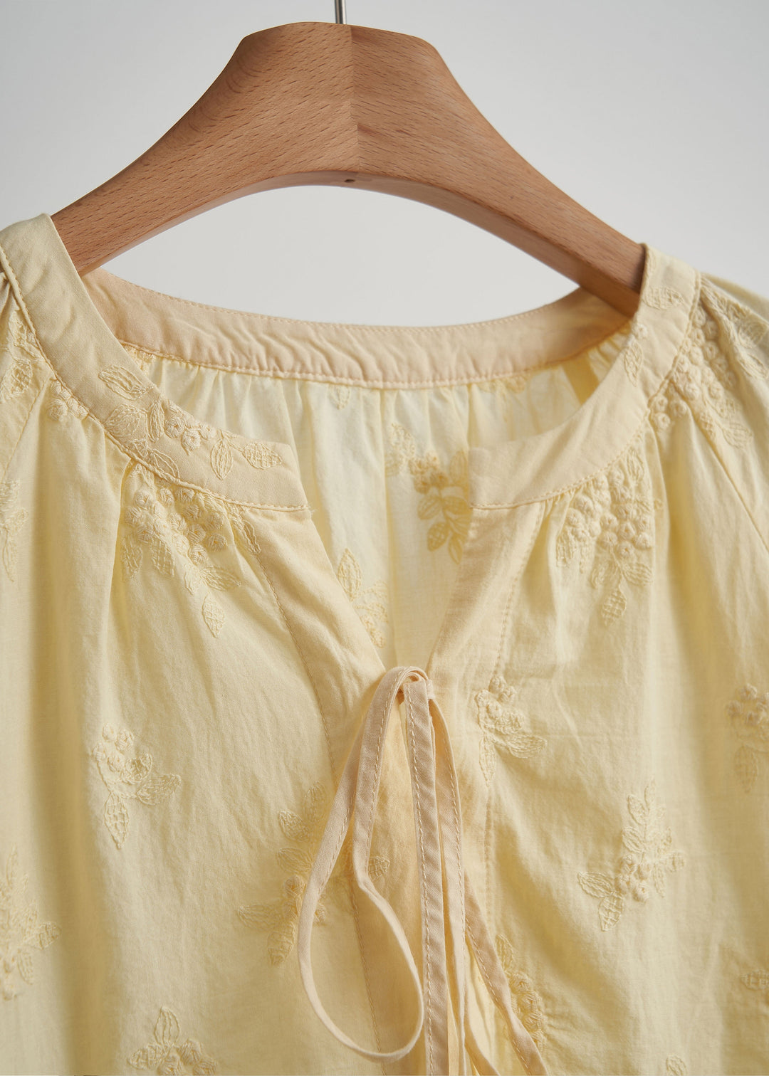 Women Yellow Embroidered Lace Up Cotton Shirt Top Fall