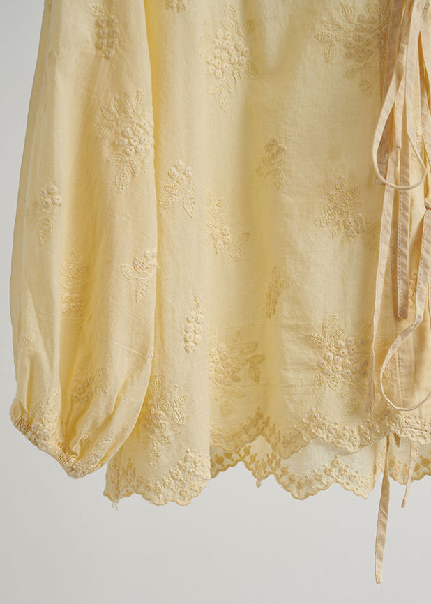 Women Yellow Embroidered Lace Up Cotton Shirt Top Fall
