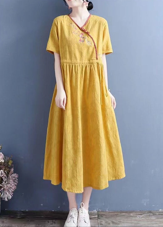 Women Yellow Embroidered Lace Up Linen Dresses Summer