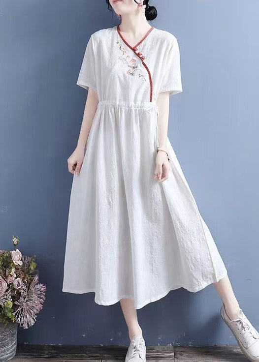 Women Yellow Embroidered Lace Up Linen Dresses Summer