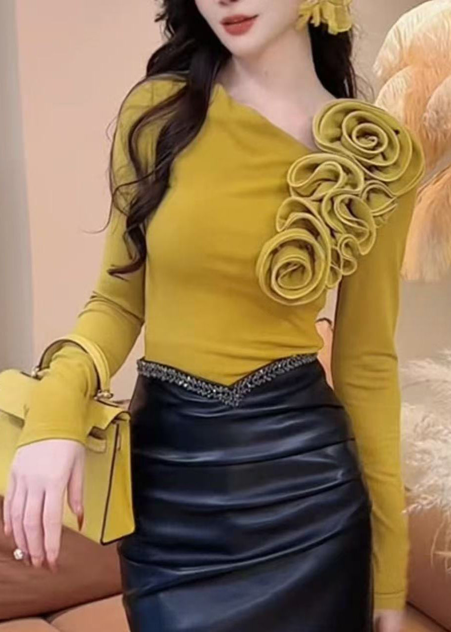 Women Yellow Floral Original Design Cotton T Shirts Fall