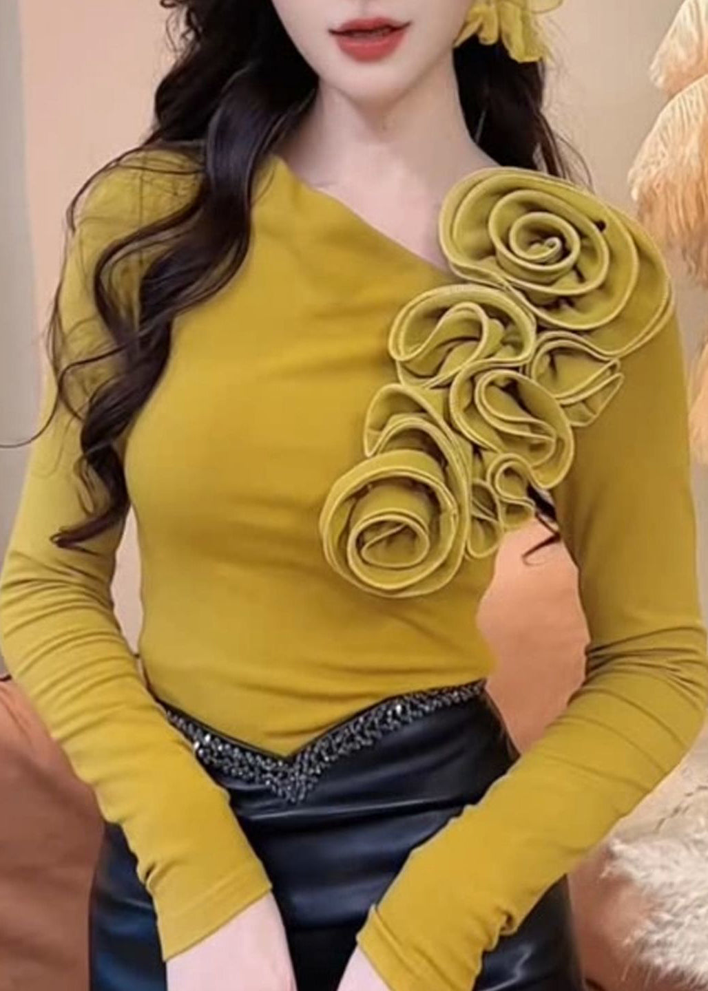 Women Yellow Floral Original Design Cotton T Shirts Fall