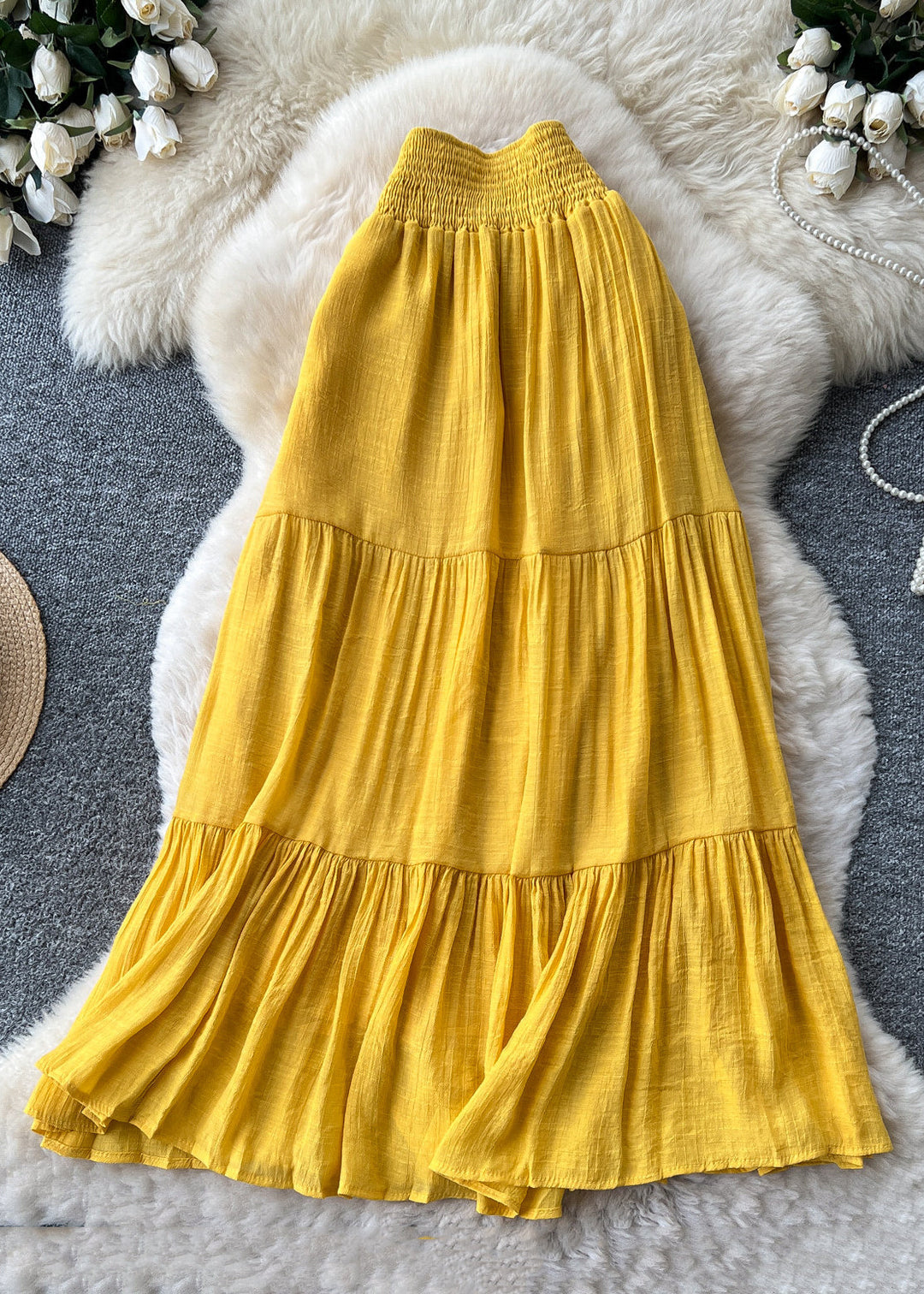 Women Yellow High Waist Patchwork Cotton Skirts Summer