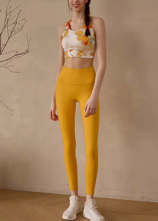 Women Yellow High Waist Print Sports Bra And Leggings Set Suit Gym Shark Leggings