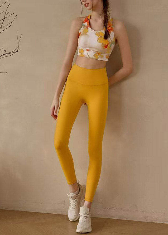 Women Yellow High Waist Print Sports Bra And Leggings Set Suit Gym Shark Leggings