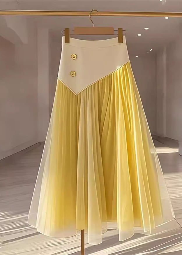 Women Yellow High Waist Wrinkled Patchwork Tulle Skirt Fall