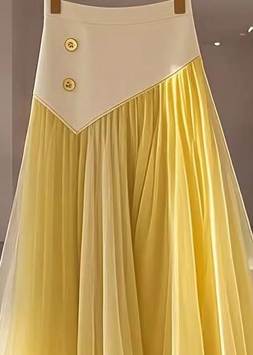 Women Yellow High Waist Wrinkled Patchwork Tulle Skirt Fall