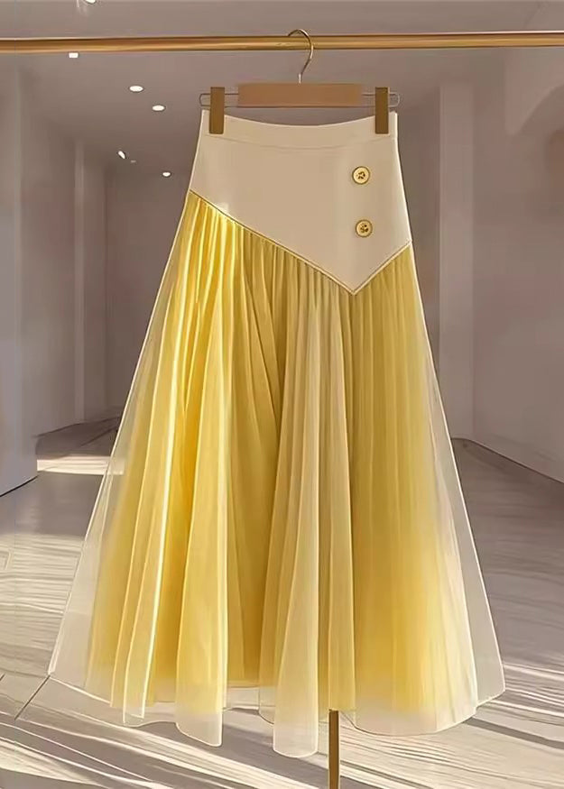 Women Yellow High Waist Wrinkled Patchwork Tulle Skirt Fall