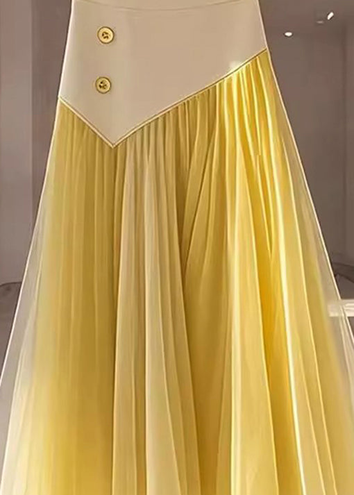 Women Yellow High Waist Wrinkled Patchwork Tulle Skirt Fall