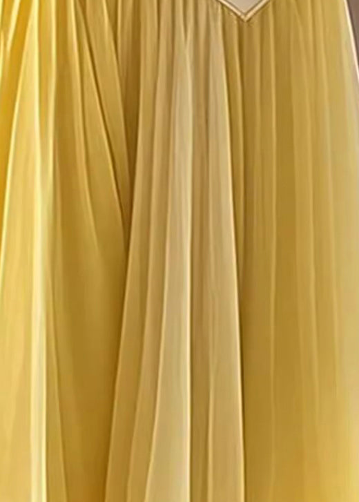 Women Yellow High Waist Wrinkled Patchwork Tulle Skirt Fall