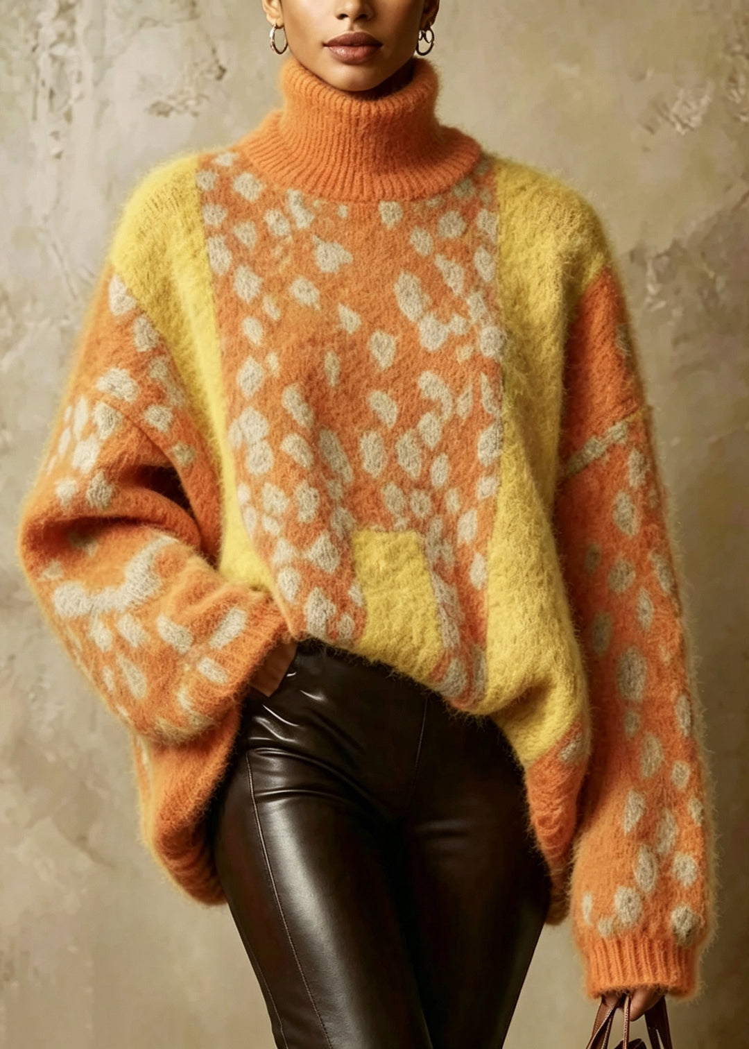Women Yellow Hign Neck Print Thick Knit Sweaters Tops Fall