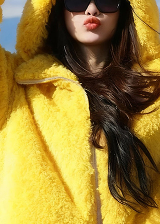 Women Yellow Hooded Rabbit Ears Zippered Solid Fluffy Coats Winter