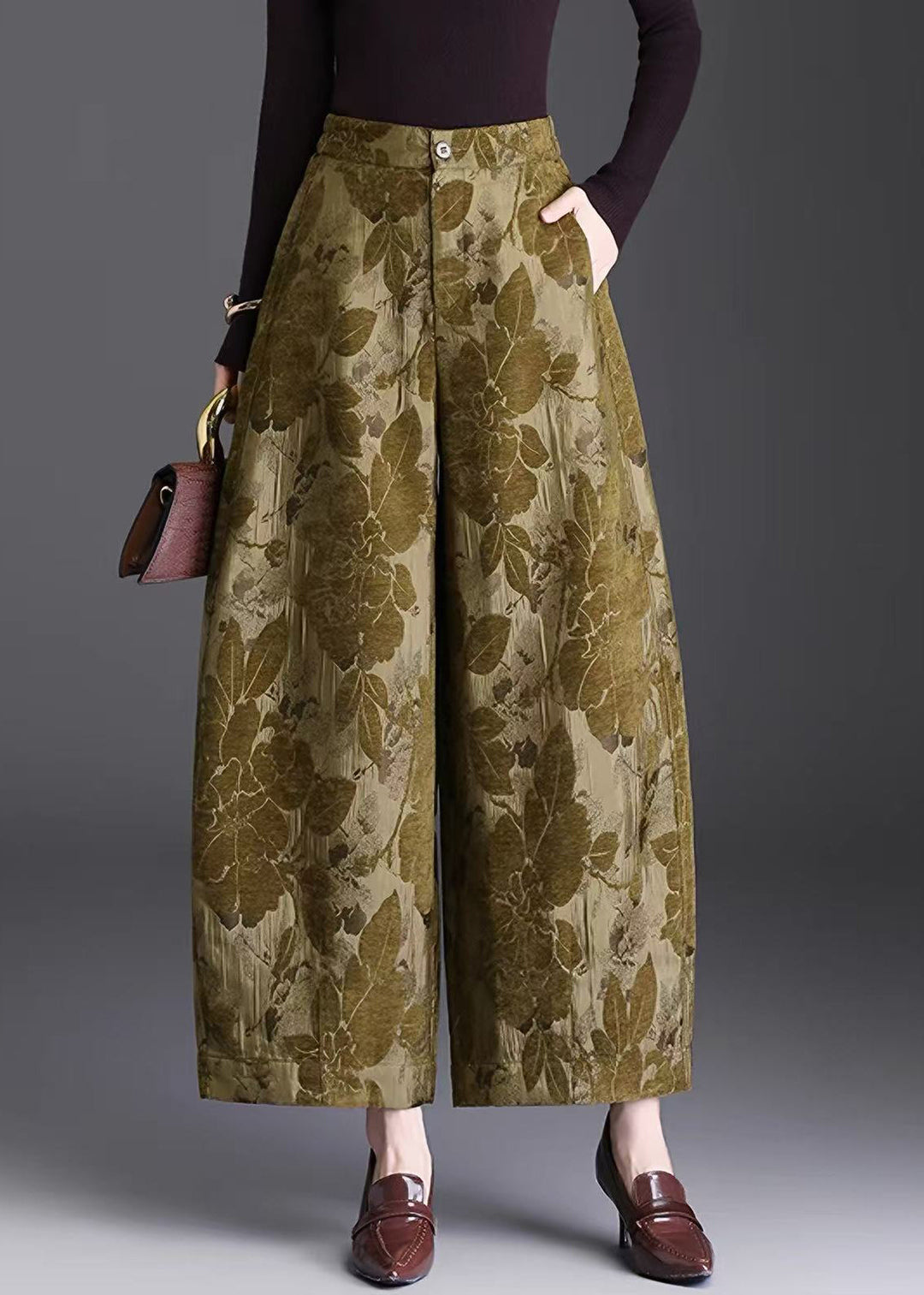 Women Yellow Jacquard Draping High Waist Wide Leg Crop Pants Fall