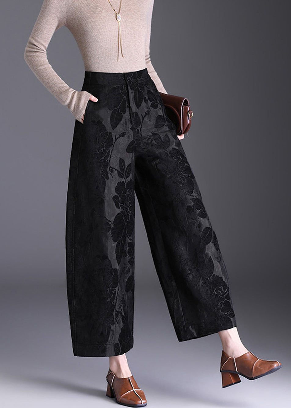Women Yellow Jacquard Draping High Waist Wide Leg Crop Pants Fall