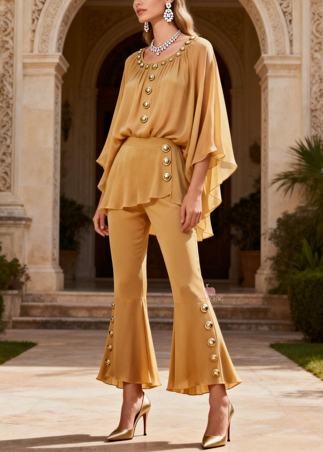 Women Yellow O Neck Button Patchwork Silk Two Pieces Set Summer