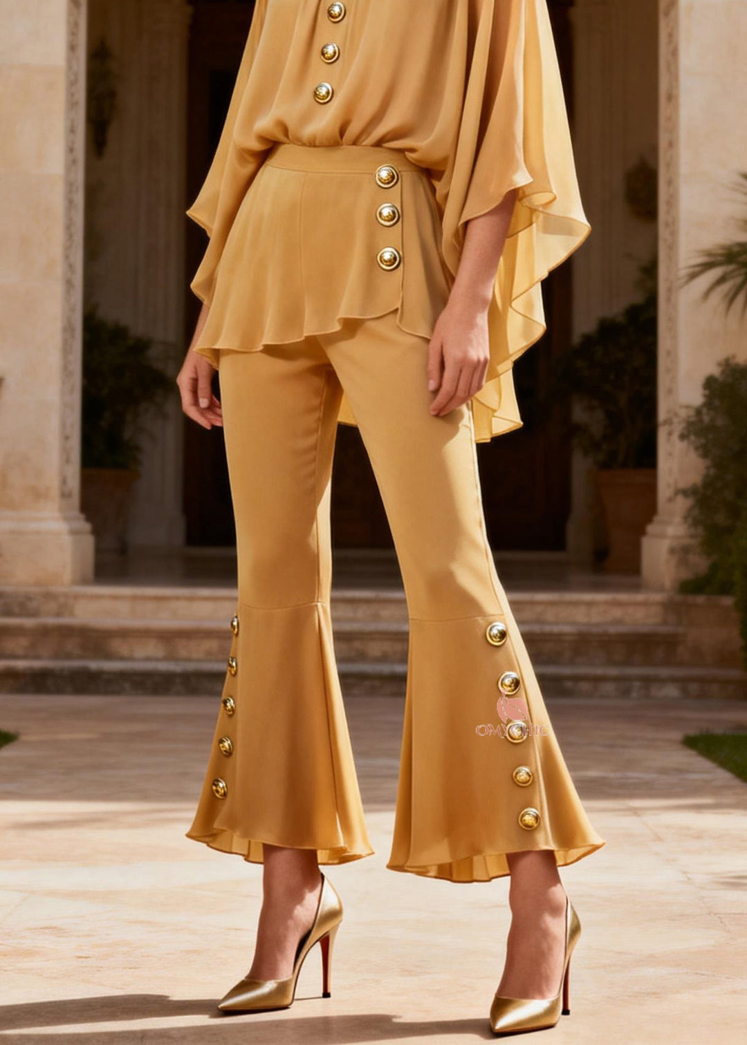 Women Yellow O Neck Button Patchwork Silk Two Pieces Set Summer