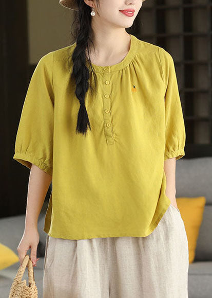 Women Yellow O-Neck Embroidered Cotton Shirt Top Summer
