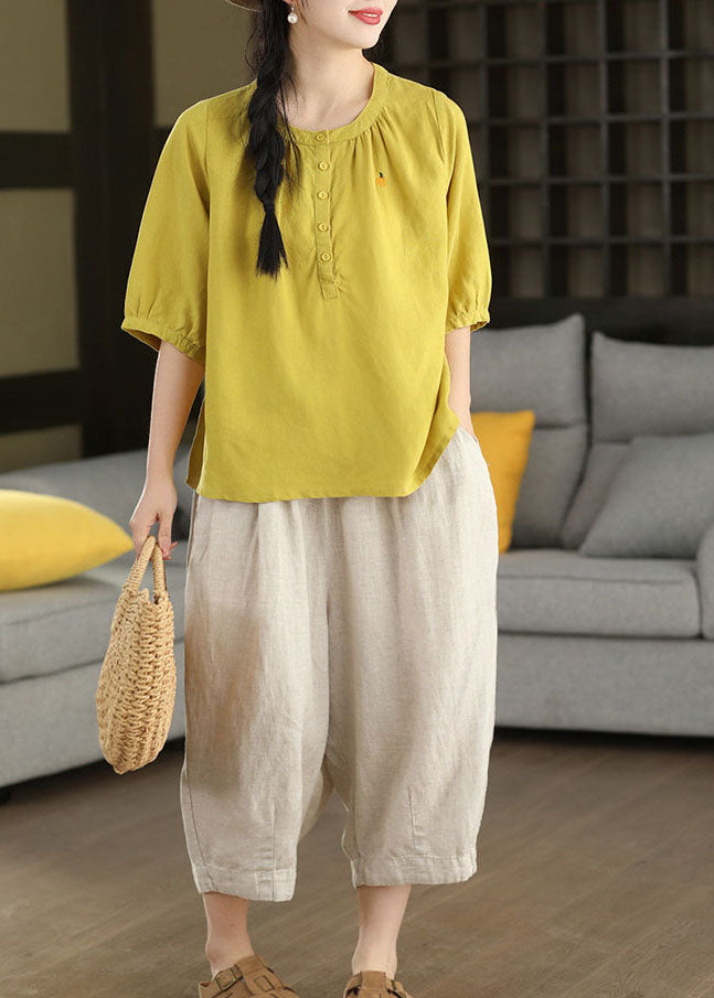 Women Yellow O-Neck Embroidered Cotton Shirt Top Summer