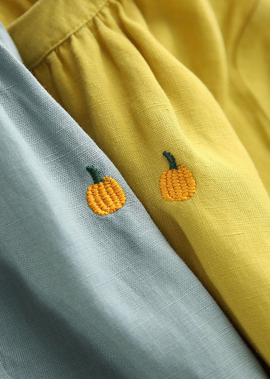 Women Yellow O-Neck Embroidered Cotton Shirt Top Summer